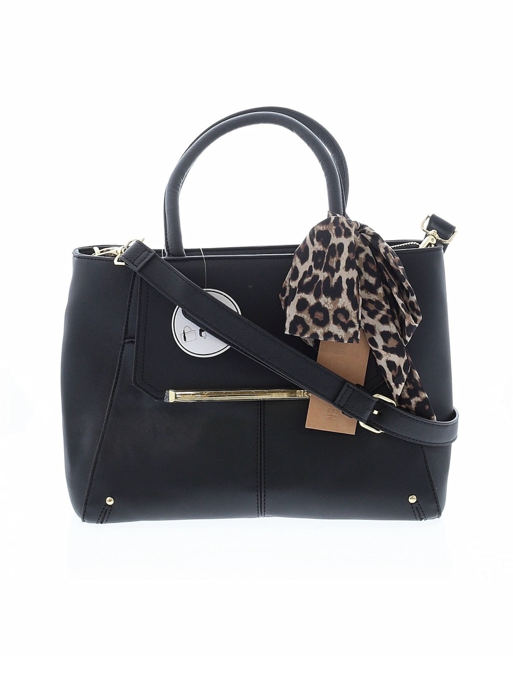 Steve Madden Black Satchel with Leopard Scarf Accent
